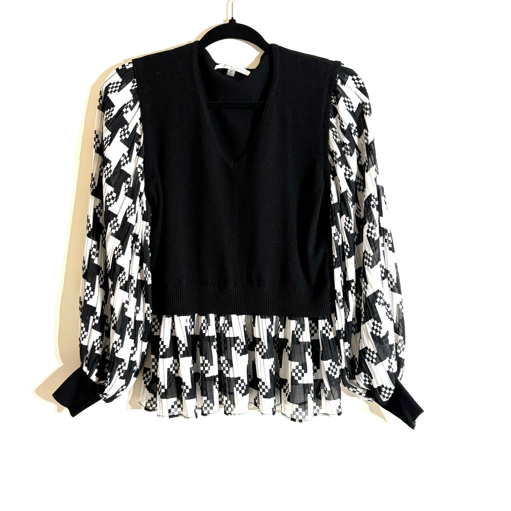 Siani Milano Top Womens Medium Black White Long Pleated Sleeves Peplum Cottage